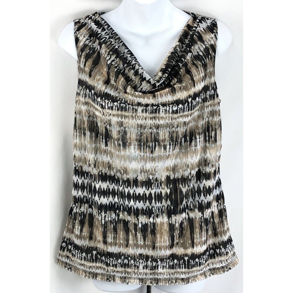 Vintage Sleeveless babydoll Top S Brown Abstract Cowl Neck Lined Stretch Y2K 90s